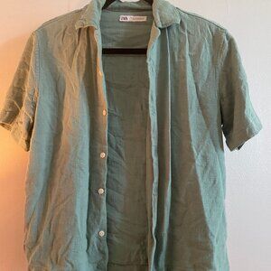 Zara Light Turquoise Button Up Shirt Short Sleeve Collared M